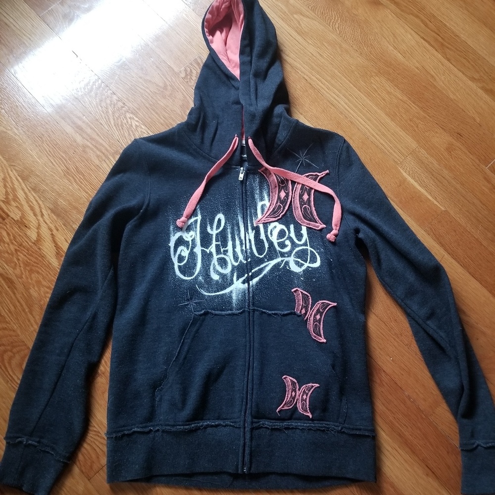 Hurley Hoodie Sweatershirt Grey and Coral